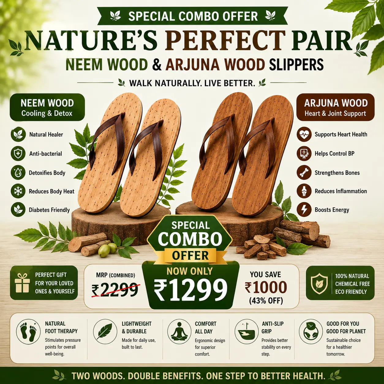 Neem Wood Health Chappals: Natural Relief for Diabetes, BP & Join Pain