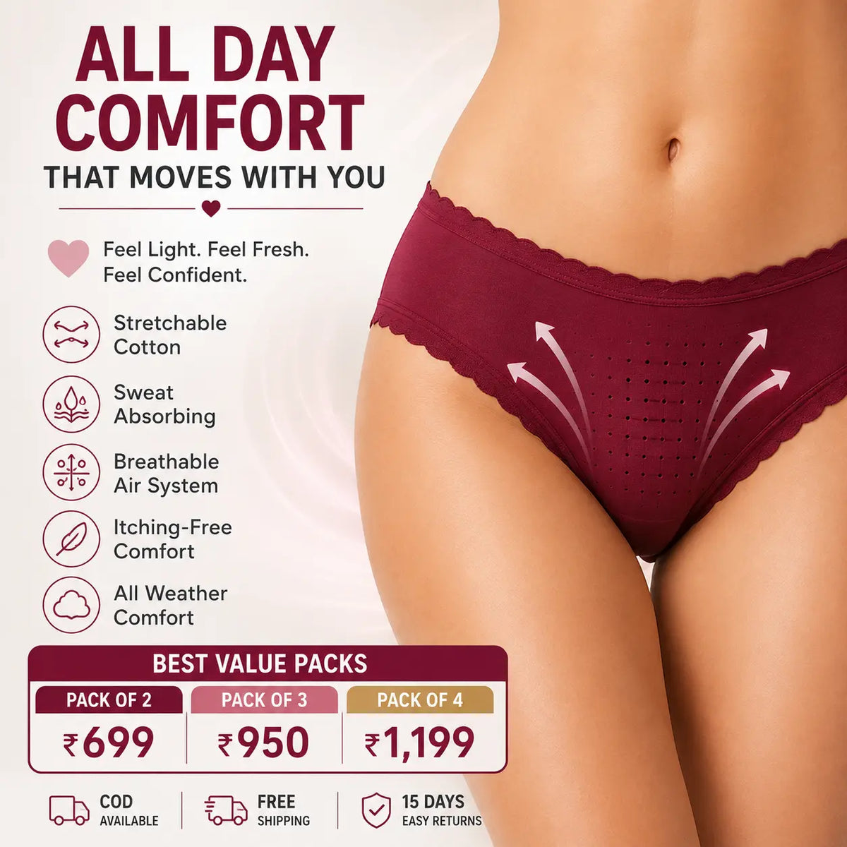 Women’s Stretchable Cotton Breathable Panty with Front Air System – Sweat Absorbing & Itching-Free Comfort