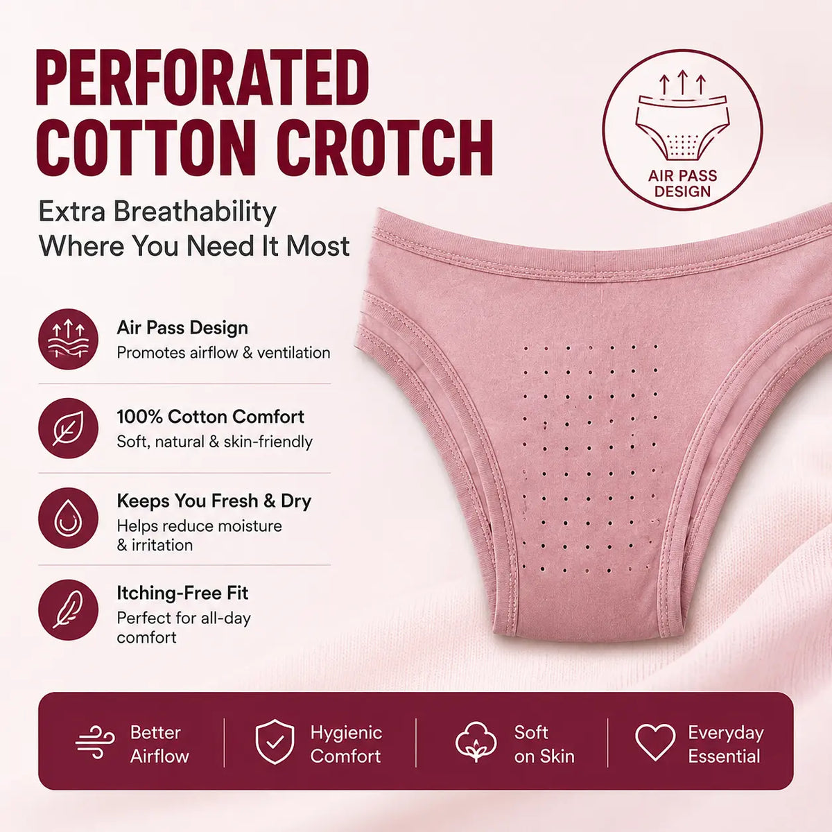 Women’s Stretchable Cotton Breathable Panty with Front Air System – Sweat Absorbing & Itching-Free Comfort