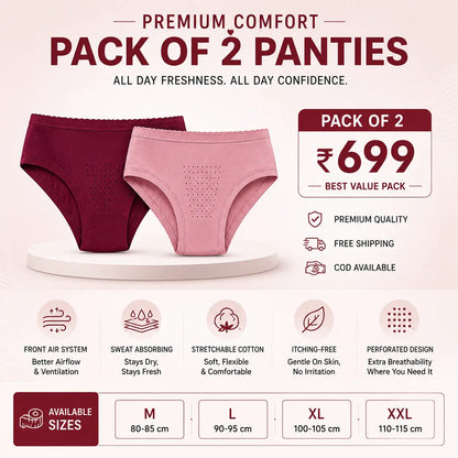 Women’s Stretchable Cotton Breathable Panty with Front Air System – Sweat Absorbing & Itching-Free Comfort