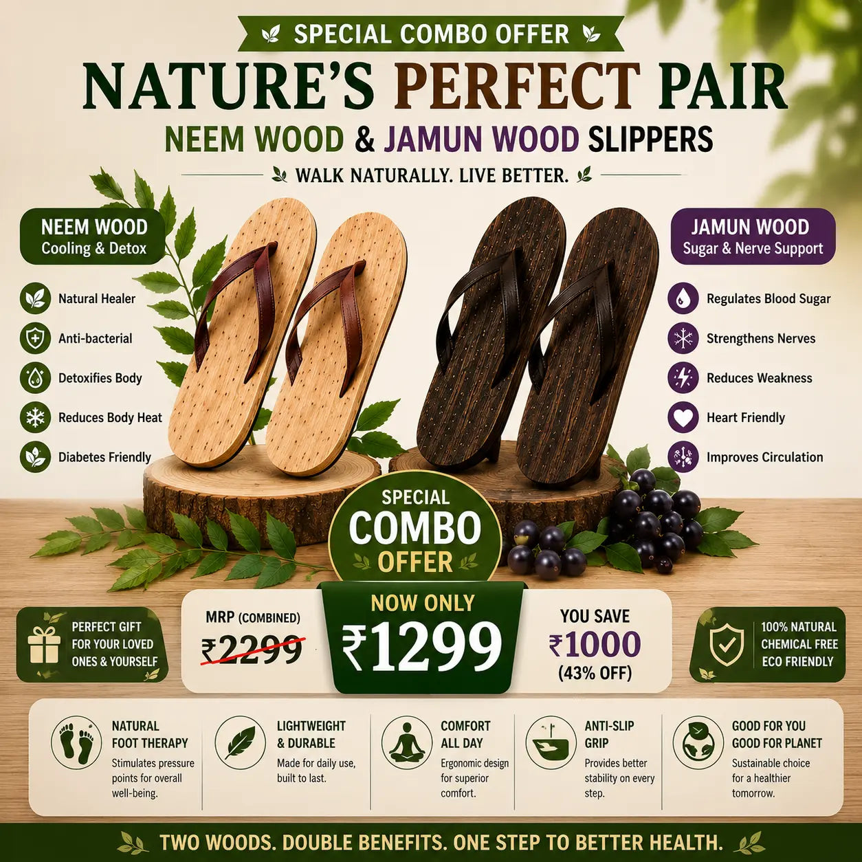 Neem Wood Health Chappals: Natural Relief for Diabetes, BP & Join Pain