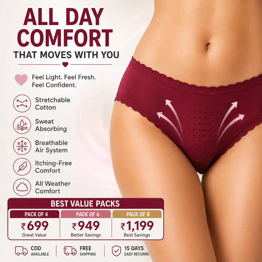 Women’s Stretchable Cotton Breathable Panty with Front Air System – Sweat Absorbing & Itching-Free Comfort