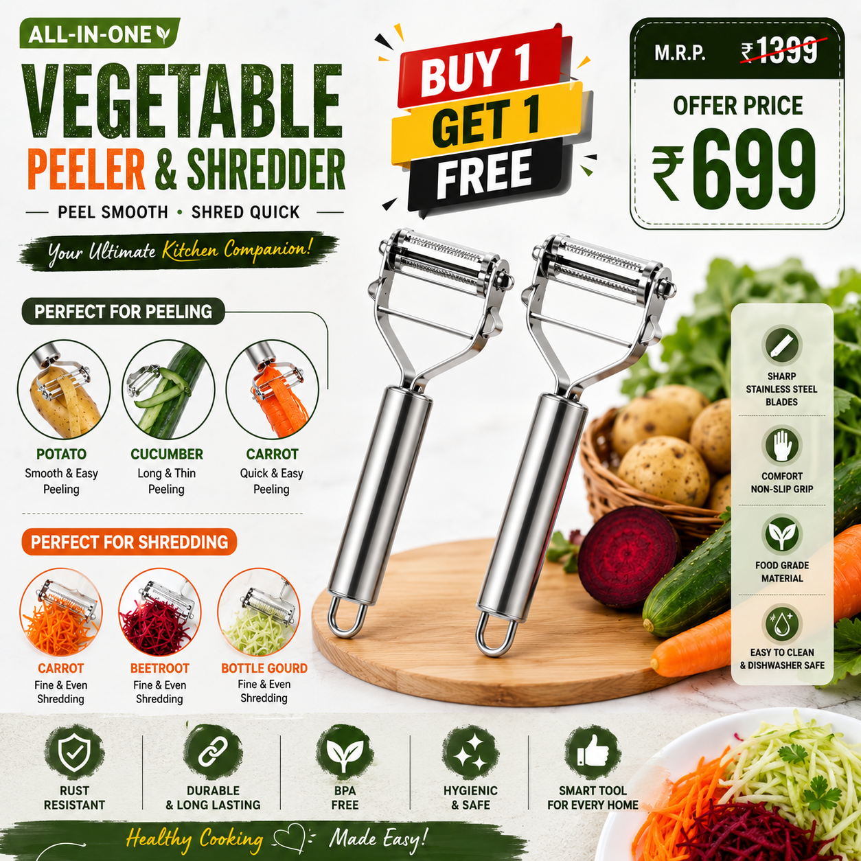 2-in-1 Stainless Steel Julienne Peeler & Cutter | Buy 1 Get 1 Free
